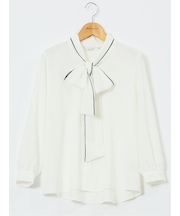 ストレッチ 配色ボウタイ 長袖ブラウス