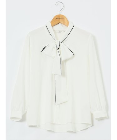 ストレッチ 配色ボウタイ 長袖ブラウス