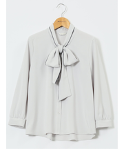 ストレッチ 配色ボウタイ 長袖ブラウス