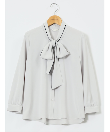 ストレッチ 配色ボウタイ 長袖ブラウス