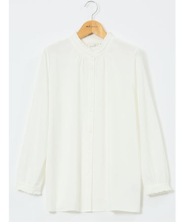 ストレッチ バンドカラーフリル 長袖ブラウス