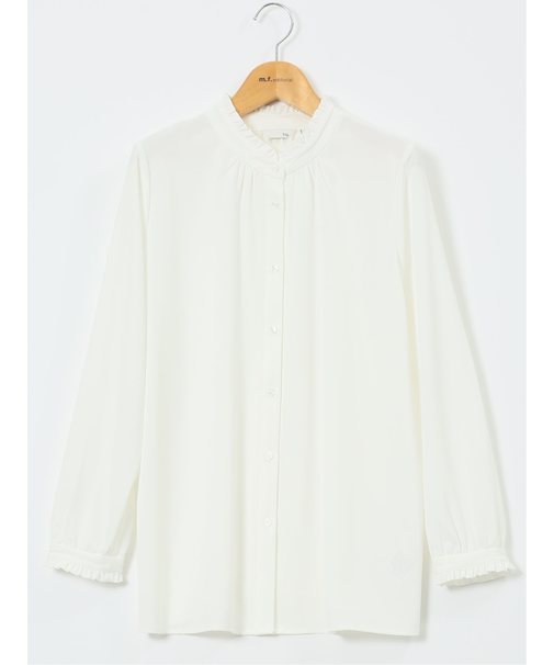 ストレッチ バンドカラーフリル 長袖ブラウス