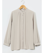 ストレッチ バンドカラーフリル 長袖ブラウス