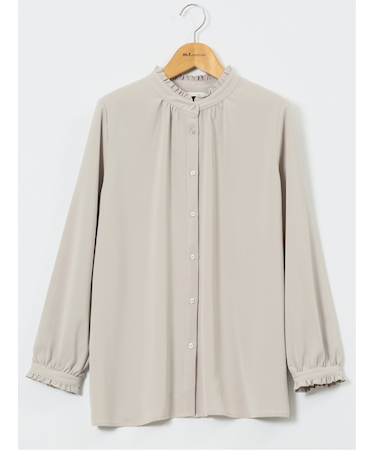 ストレッチ バンドカラーフリル 長袖ブラウス