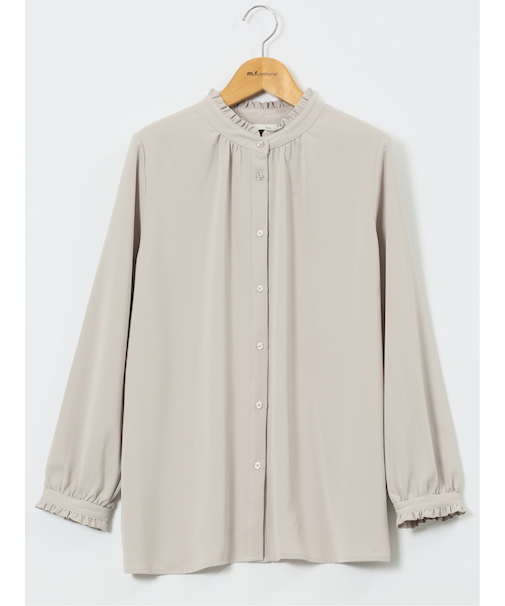 ストレッチ バンドカラーフリル 長袖ブラウス