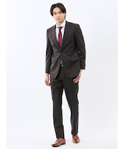 光沢ウール混 スリムフィット 2ボタン2ピーススーツ 組織こげ茶