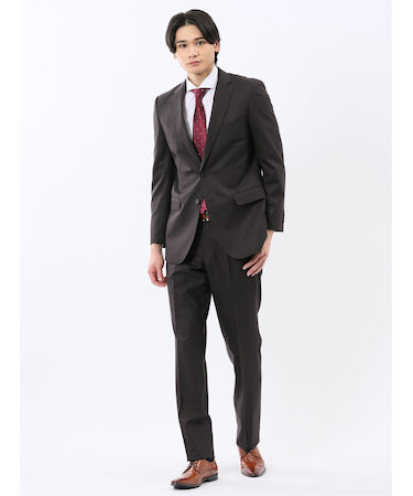 光沢ウール混 スリムフィット 2ボタン2ピーススーツ 組織こげ茶