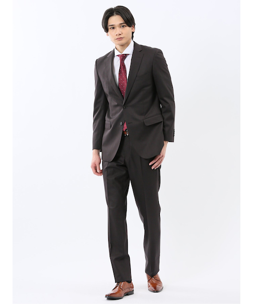 光沢ウール混 スリムフィット 2ボタン2ピーススーツ 組織こげ茶