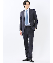 光沢ウール混 スリムフィット 2ボタン2ピーススーツ チェック紺