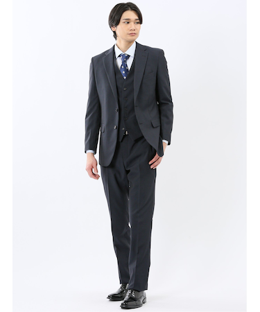 ストレッチウォッシャブル スリムフィット 2ボタン3ピーススーツ ストライプ紺