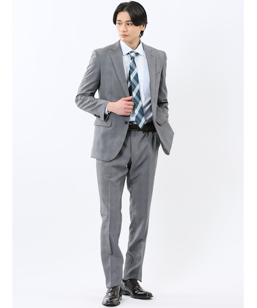 ストレッチウォッシャブル スリムフィット 2ボタン2ピーススーツ グレンチェックグレー