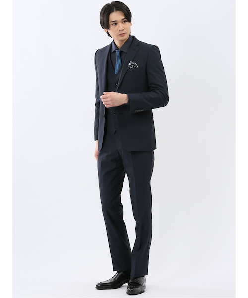 超光沢ウール混ストレッチ スリムフィット 2ボタン3ピーススーツ