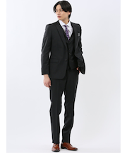 超光沢ウール混ストレッチ スリムフィット 2ボタン3ピーススーツ シャドーストライプ黒