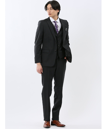 超光沢ウール混ストレッチ スリムフィット 2ボタン3ピーススーツ シャドーストライプ黒