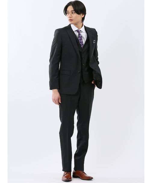 超光沢ウール混ストレッチ スリムフィット 2ボタン3ピーススーツ シャドーストライプ黒