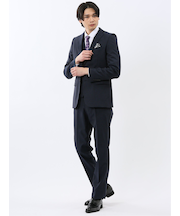 超光沢ウール混ストレッチ スリムフィット 2ボタン3ピーススーツ シャドー千鳥紺