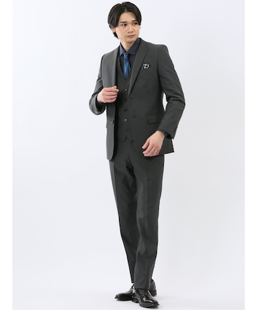 超光沢ウール混ストレッチ スリムフィット 2ボタン3ピーススーツ シャドーカルゼグレー