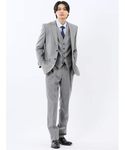 光沢ウール混 レギュラーフィット 2ボタン3ピーススーツ ストライプ