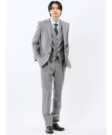光沢ウール混 レギュラーフィット 2ボタン3ピーススーツ ストライプグレー