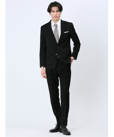 ストレッチウォッシャブル スリムフィット 2ボタン2ピース フォーマルスーツ 黒無地
