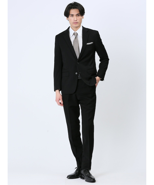 ストレッチウォッシャブル スリムフィット 2ボタン2ピース フォーマルスーツ 黒無地