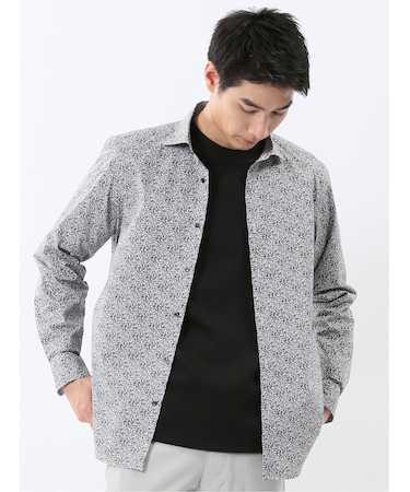 ストレッチ プリント ワイドカラー長袖シャツ