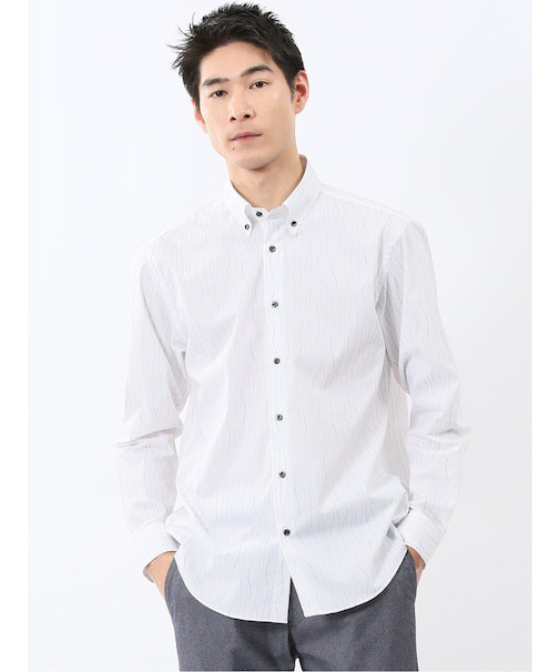 ストレッチ プリント ボタンダウン長袖シャツ