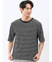 ストレッチ ボーダー クルーネック 5分袖 Tシャツ