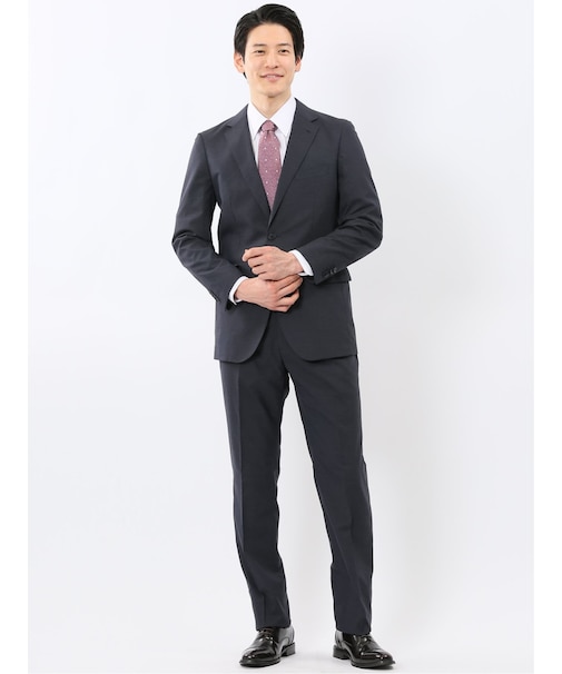 ウール調 ストレッチ ウォッシャブル スリムフィット 2ボタン 2ピース スーツ メランジ紺