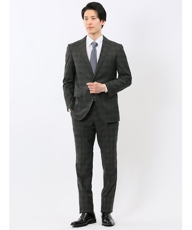 ウール調 ストレッチ ウォッシャブル スリムフィット 2ボタン 2ピース スーツ チェックグレー