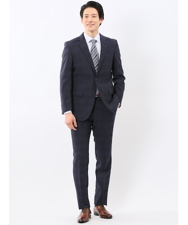 ストレッチ ウォッシャブル スリムフィット 2ボタン 2ピース スーツ チェック紺