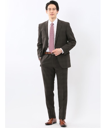 ストレッチ ウォッシャブル レギュラーフィット 2ボタン 2ピース スーツ チェックこげ茶