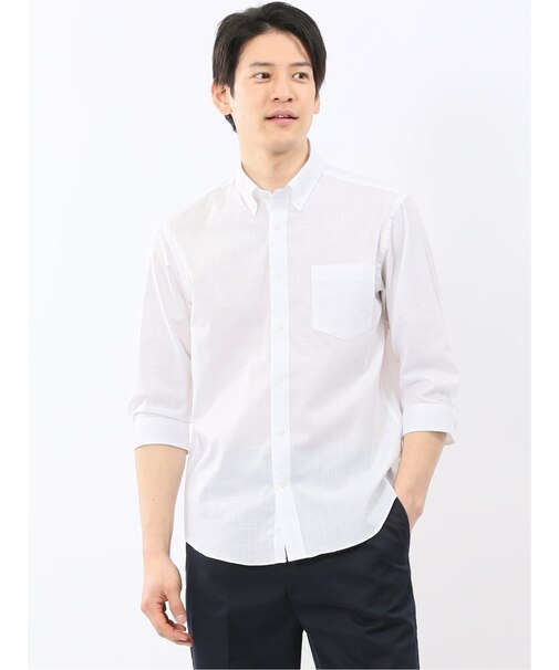 ストレッチ 綿スラブ ボタンダウン 7分袖 シャツ