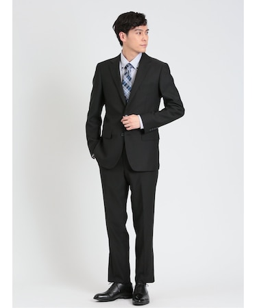 ストレッチウォッシャブル スリムフィット 2ボタン2ピース リクルートスーツ 黒無地