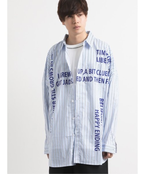 セマンティックデザイン ストライプ柄ロゴプリント長袖BIGシャツ