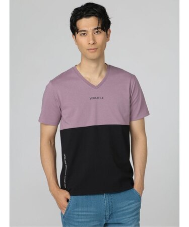 セマンティックデザイン バイカラー切替 Vネック半袖Tシャツ