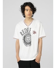 セマンティックデザイン 切替カレッジ Vネック半袖ルーズTシャツ