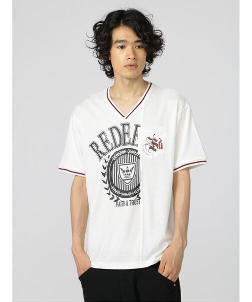 セマンティックデザイン 切替カレッジ Vネック半袖ルーズTシャツ