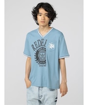 セマンティックデザイン 切替カレッジ Vネック半袖ルーズTシャツ