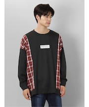 セマンティックデザイン チェック切替 クルーネック 長袖BIGプルオーバー