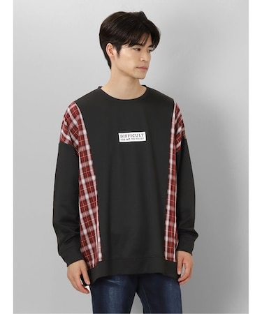セマンティックデザイン チェック切替 クルーネック 長袖BIGプルオーバー