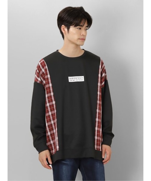 セマンティックデザイン チェック切替 クルーネック 長袖BIGプルオーバー