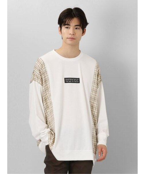 セマンティックデザイン チェック切替 クルーネック 長袖BIGプルオーバー