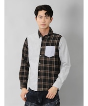 セマンティックデザイン 起毛チェック無地 クレイジーボタンダウン長袖シャツ