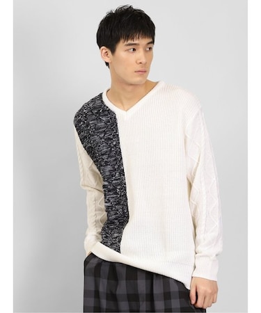 セマンティックデザイン ウォッシャブル 編地切替 Vネックニット