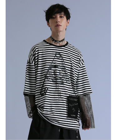 SD×PSYCHONATION フェイクレイヤード メッシュ クルー長袖BIGTシャツ