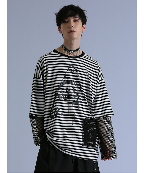 SD×PSYCHONATION フェイクレイヤード メッシュ クルー長袖BIGTシャツ