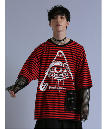 SD×PSYCHONATION フェイクレイヤード メッシュ クルー長袖BIGTシャツ