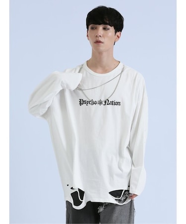 SD×PSYCHONATION チェーンアイコンダメージ クルー長袖Tシャツ