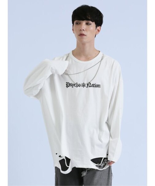 SD×PSYCHONATION チェーンアイコンダメージ クルー長袖Tシャツ